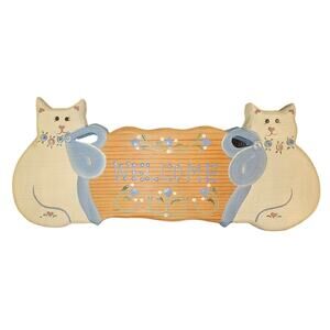 Hand Painted Wood Folk Art White Cat Welcome Sign Blue Ribbon